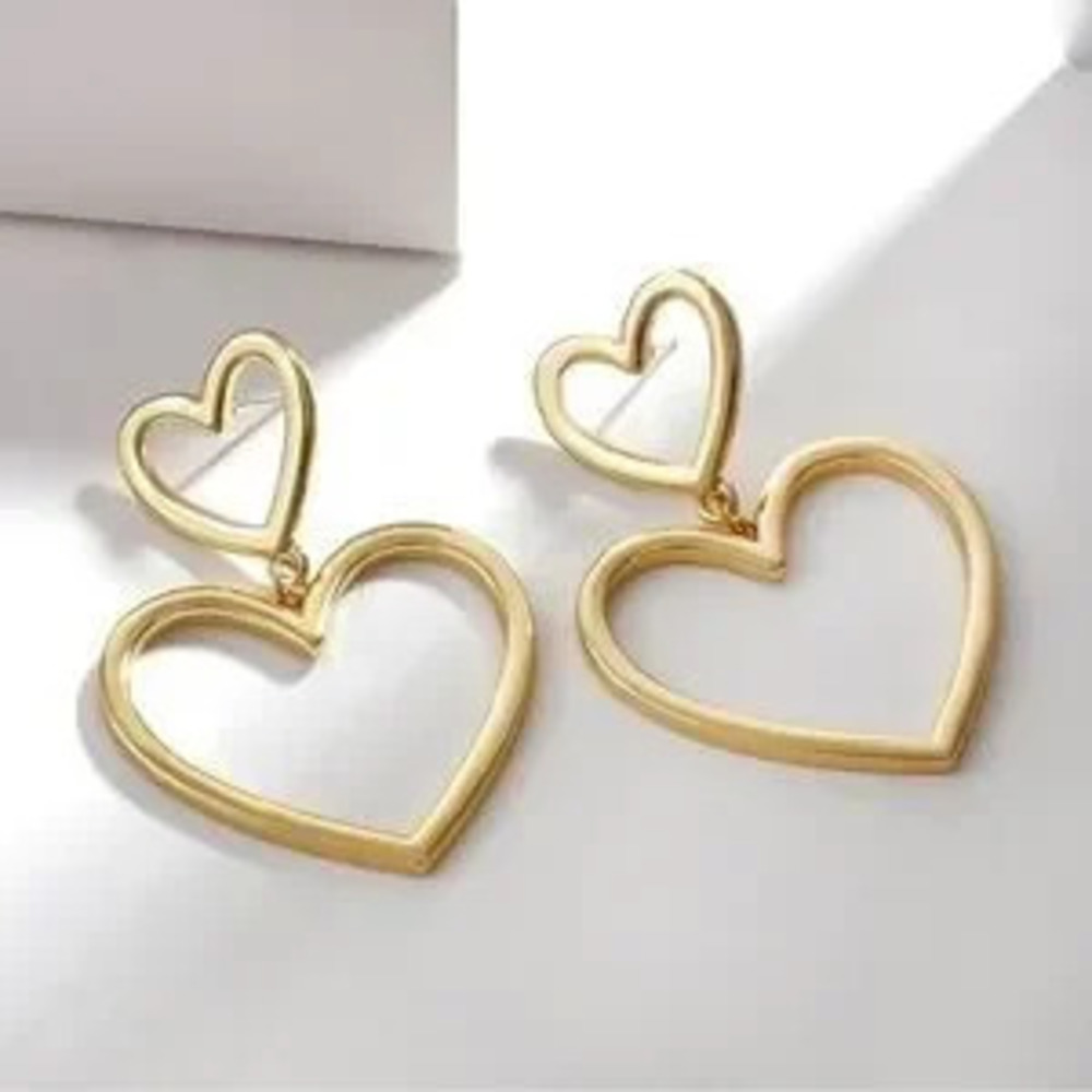 Double?Heart Dangle Gold?Earrings